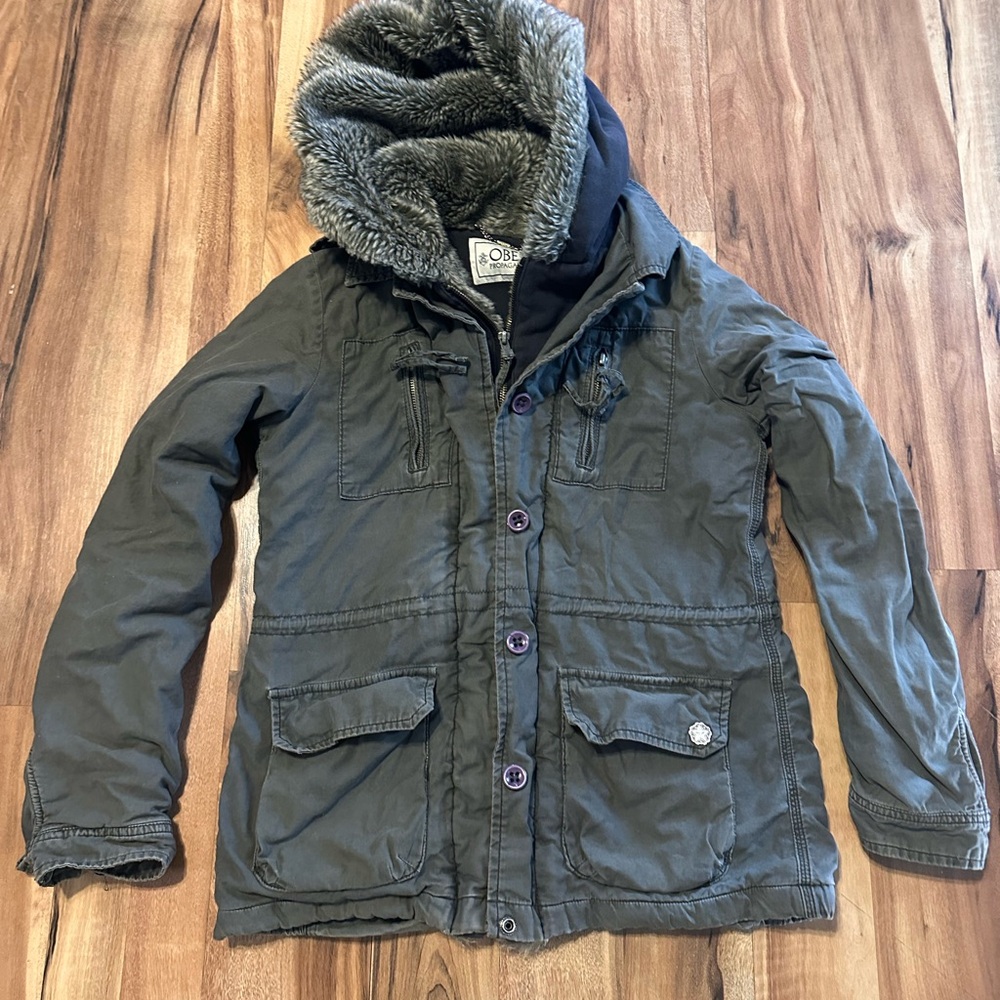 OBEY Propaganda Womens Small Y2K Hooded Faux Fur Lined Utility Parka Jacket - Picture 2 of 12